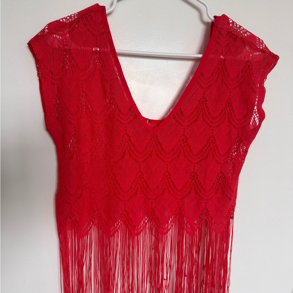 Red Lace Fringe Sleeveless V-Neck Sheer Lightweight Pullover Tank Top Women S